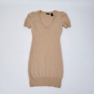 *Free with Purchase* Angora Puff Sleeve Mini Dress Tan V-neck Soft